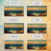 Carregar imagem no visualizador da galeria, Canvas print of sail boats on the ocean, sailing at sunset, cool lakehouse art, living room wall art, sailboats, watercolor