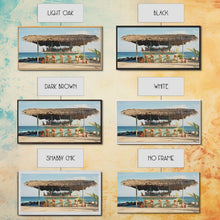 Load image into Gallery viewer, Beachside Tiki Hut Bar and Grill, Framed Canvas Print, Liminal Art, Framed Wall Decor Beach Photography, Surf Art, Surf Print Nautical Decor