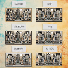 Load image into Gallery viewer, Art Deco Pattern Christmas Village - Framed Canvas Print - Retro Xmas Art - Christmas Decor - Christmas Wall Art - Christmas Art