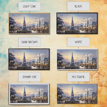 Cargar imagen en el visor de la galería, Christmas Decor Handmade, Framed Canvas Print, Beautiful Winter Wonderland Christmas Village, Christmas Tree Art