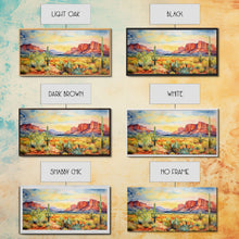 Load image into Gallery viewer, Boho Whimsical Wall Art, Pastel Desert Print, Framed Canvas Art, Unique Wall Art, Minimalist MCM Style Wall Art, Landscape Painting
