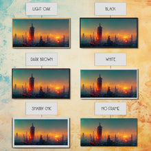 Load image into Gallery viewer, Cyberpunk city canvas art, video game concept art, living room wall art, dystopian art, outrun style city at sunset, man cave wall art