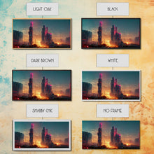 Load image into Gallery viewer, Cyberpunk city canvas, video game concept art, living room wall art, dystopian art, outrun style city at sunset, man cave art canvas print