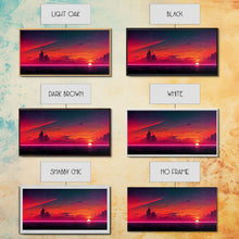 Load image into Gallery viewer, Cyberpunk lake art, city canvas, video game concept art, living room wall art, dystopian art, outrun city at sunset, man cave canvas print