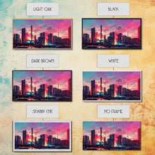 Load image into Gallery viewer, Cyber punk city skyline canvas print, outrun sunset, synthwave, vapor wave, dystopian city at sun set, mancave wall art, video game concept