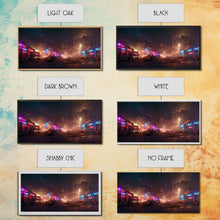 Load image into Gallery viewer, Destitute cyberpunk city with neon signs wall art, Bladerunner vibes art, synthwave style art, cool wall art