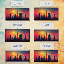 Load image into Gallery viewer, Dystopian Cyberpunk canvas print, cyber punk city at sunset, Bladerunner vibes art, synthwave style art, cool wall art, night city