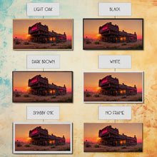 Carregar imagem no visualizador da galeria, Abandoned wild west saloon at sunset canvas print, travel photography art, outrun sunset ready to hang wall art