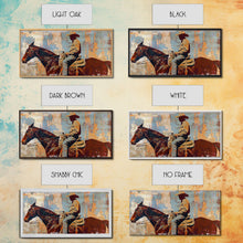 Load image into Gallery viewer, Cowboy on Horseback, Textured Background, Modern Living Room Art, Framed Canvas Print, Rustic Home Decoration, Boho Wall Art