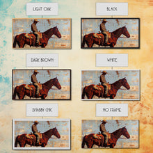 Load image into Gallery viewer, Cowboy on Horse with Rustic Background, Stunning Wall Art, Framed Canvas Print, Boho Bedroom Decor, Western Home Decoration