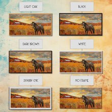 Load image into Gallery viewer, Black Horse in Autumn Field with Red Barn, Perfect Farmhouse Art, Framed Canvas Print, Rustic Wall Decor, Living Room Decoration