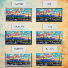 Load image into Gallery viewer, Expansive Desert Landscape at Sunset, Colorful Southwestern Art, Framed Canvas Print, Boho Living Room Wall Decor, Desert Scene