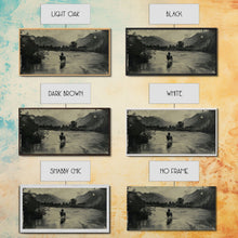 Load image into Gallery viewer, Cowboy Crossing River with Mountains, Framed Canvas Print for Western Living Room Decor, Ideal Bedroom Wall Art, Rustic Scene