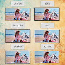 Load image into Gallery viewer, Elegant Cowgirl on Horse by the Shore, Beautiful Framed Canvas Print, Ideal for Coastal Living Room Art, Beach Bedroom Decor, Horse Wall Art