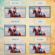 Load image into Gallery viewer, Cowgirl on Horse at the Beach, Stunning Framed Canvas Print, Ideal for Coastal Living Room Art, Beach Bedroom Decor, Equestrian Wall Art