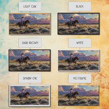 Load image into Gallery viewer, Cowgirl Galloping Across Desert Landscape, Vibrant Framed Canvas Print, Perfect for Living Room Art, Western Bedroom Decor, Desert Wall Art