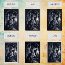 Load image into Gallery viewer, Dragon holding a torch, poster art, black and white dragon