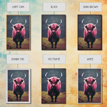 Cargar imagen en el visor de la galería, Colorful farmhouse art, Highland cow, Scotland cattle, framed canvas print, pink cow