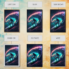 Load image into Gallery viewer, Astronaut surfing the stars, Cosmic Surfer, Galaxy Art, framed canvas print, unique colorful wall art