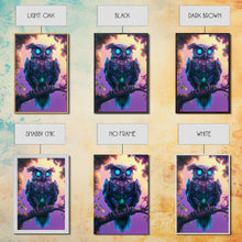 Load image into Gallery viewer, Cyberpunk Robot Owl, framed canvas print, Cybernetic android owl art, vaporwave aesthetic futuristic art