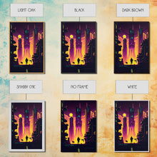Load image into Gallery viewer, Cyberpunk art, Retrowave style dystopian cityscape art, game room art, framed canvas print, retro wave city skyline