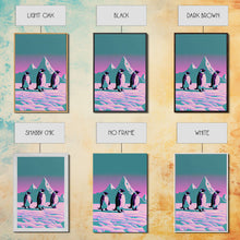 Load image into Gallery viewer, Retrowave Penguins in the Arctic, synthwave style wall art, Antarctica art, framed canvas print, cute animal prints