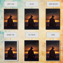 Carregar imagem no visualizador da galeria, A cowboy and his horse at sunset, framed canvas art, canvas print, western decor, farmhouse art