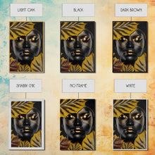Load image into Gallery viewer, Beautiful Woman Art Framed Canvas Print Black Gold Woman Wall Art Lady Print, Gold Face Leaves Palm decor ready to hang Ethnic girl portrait