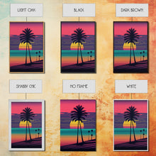 Load image into Gallery viewer, Beach Vibes, 3 Panel Wall Art, Framed Canvas Prints, Triptych Art, 3 Piece, 80s Vibes Vaporwave Wall Art, Life Guard Hut and Palm Trees
