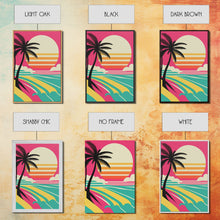 Load image into Gallery viewer, Beautiful Turquoise Retro Style Beach Art, Triptych 3 Panel Framed Canvas Prints, Palm Trees and Sunset, 80s Vibes Vaporwave Art Deco Mashup