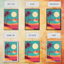 Load image into Gallery viewer, Beautiful Turquoise Retro Style Beach Art, Triptych 3 Panel Framed Canvas Prints, Palm Trees and Sunset, 80s Vibes Vaporwave Art Deco Mashup