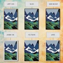 Carregar imagem no visualizador da galeria, Abstract Pacific Northwest Art, Minimalist Boho Style Forest and Mountain Landscape, Framed Canvas Art, Abstract Art, Green Mountains