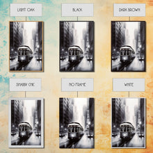 Carregar imagem no visualizador da galeria, Brooklyn Street Car Trolley, Framed Canvas Print, Retro Charcoal Drawing of NYC in The Rain