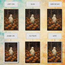 Carregar imagem no visualizador da galeria, Fall Omens - Spooky Ghost In A Pumpkin Patch, Halloween Decor, Fall Art, Framed Canvas Print, Spooky Halloween Decor