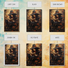 Load image into Gallery viewer, Cute Little Witch Reading Spells To Her Black Cat Familiar, Vintage Halloween Art, Framed Canvas Print, Halloween Canvas Art, Witchcraft