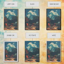 Load image into Gallery viewer, Back Yard Chillin', Summer Vibes, Framed Canvas Print, Retro Midcentury Modern BBQ Art, BBQ During An Eclipse, Liminal Art, Minimalist MCM