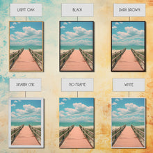 Load image into Gallery viewer, Beach Boardwalk, Vaporwave Summer Vibes, Framed Canvas Print, Retro Midcentury Modern Art, Liminal Art, Minimalist MCM Lakehouse Art