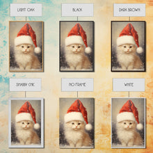 Carregar imagem no visualizador da galeria, Cute White Kitten In A Christmas Hat, Farmhouse Christmas, Farmhouse Decor, Framed Canvas Print Seasonal Wall Art Winter Decor Christmas Art