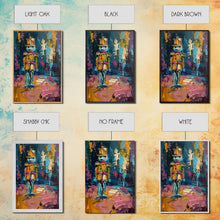 Load image into Gallery viewer, Colorful Skeleton Nutcracker Framed Canvas Print, Halloween Nutcracker Decor, Spooky Toy Art, Skeleton Wall Art, Haunted Nutcracker Print