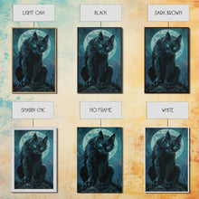Load image into Gallery viewer, Black Cat with Piercing Eyes Against Full Moon | Halloween Wall Art | Spooky Home Decor | Creepy Black Cat Painting | Framed Canvas Print