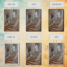Load image into Gallery viewer, Ghost On Stairs Canvas Print - Halloween Art, Spooky Home Decor, Ghost Wall Art, Haunted House Decor, Halloween Decor, Framed Canvas Print