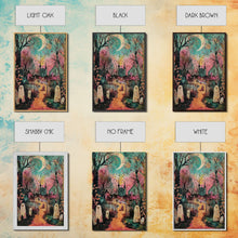 Load image into Gallery viewer, Creepy Moonlit Trees Framed Canvas Print, Haunted Forest Art, Halloween Night Scene, Eerie Woods Decor, Spooky Artwork, Framed Canvas Print