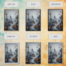 Load image into Gallery viewer, Eerie Graveyard with Pumpkins Framed Canvas Print, Halloween Wall Art, Spooky Cemetery, Home Decor, Gothic Artwork, Living Room Art, Creepy