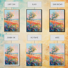Load image into Gallery viewer, Blossoming Meadow with Trees - Framed Canvas Print, Peaceful Living Room Art, Serene Bedroom Decor, Vibrant Flower Art, Wall Art