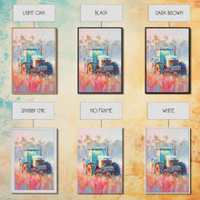 Cargar imagen en el visor de la galería, Farm Tractor in Vibrant Meadow - Framed Canvas Print, Countryside Living Room Art, Pastel Bedroom Decor, Rural Art, Wall Art