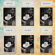 Load image into Gallery viewer, Cowboy Hat on a Wooden Fence Post in Rustic Black and White Photography for Western Home Decor, Canvas Prints, Wall Art for Living Room