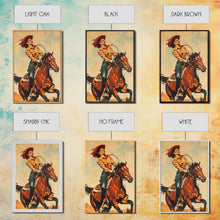 Load image into Gallery viewer, Dynamic Cowgirl on Horseback in Action | Framed Canvas Print | Western Wall Art | Living Room Decor | Rustic Home Decor