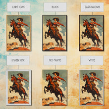 Load image into Gallery viewer, Elegant Cowgirl Commanding Horse | Framed Canvas Print | Western Wall Art | Living Room Decor | Rustic Home Decor