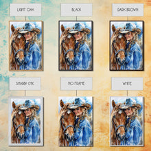 Load image into Gallery viewer, Cowgirl with Horse in Denim Outfit - Framed Canvas Print, Western Wall Art, Rustic Decor, Living Room and Bedroom Art Print