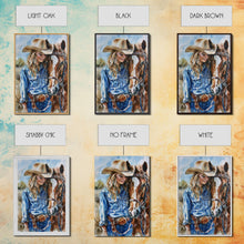 Load image into Gallery viewer, Cowgirl Preparing Horse for Ride - Framed Canvas Print, Western Wall Art, Rustic Decor, Living Room and Bedroom Art Print